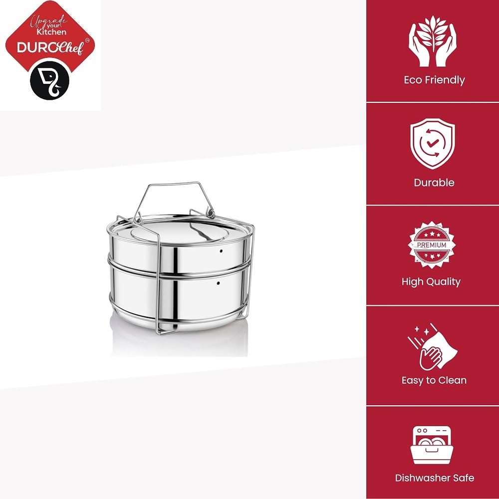 Durochef SS Cooker Separator P7.5 Suitable for 8.5 litres Prestige Popular and Popular Plus Outer Lid Pressure Cookers (2 Containers with Lifter, Stainless Steel)