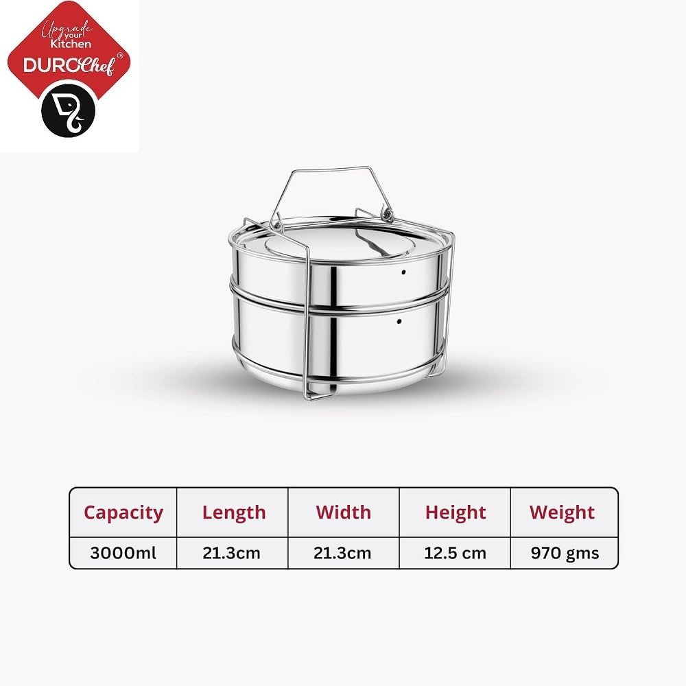 Durochef SS Cooker Separator P7.5 Suitable for 8.5 litres Prestige Popular and Popular Plus Outer Lid Pressure Cookers (2 Containers with Lifter, Stainless Steel)