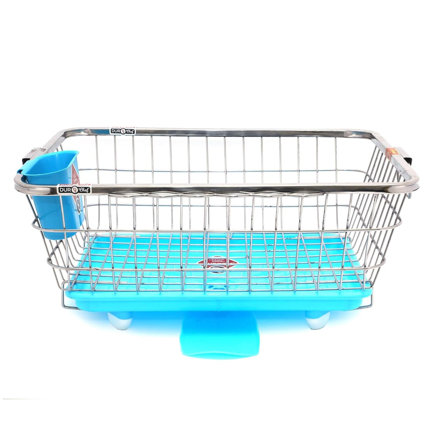 Durochef Smart Sink Stainless Steel Dish Drying Rack with Drainboard, Wire Basket Design, Blue Tray, Kitchen Counter