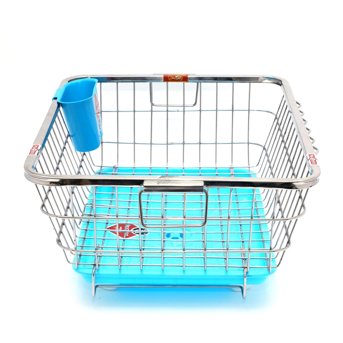 Durochef Smart Sink Stainless Steel Dish Drying Rack with Drainboard, Wire Basket Design, Blue Tray, Kitchen Counter