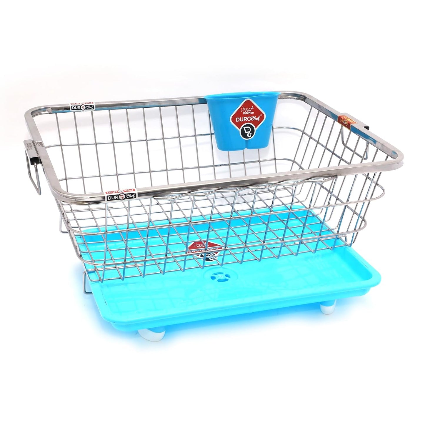 Durochef Smart Sink Stainless Steel Dish Drying Rack with Drainboard, Wire Basket Design, Blue Tray, Kitchen Counter