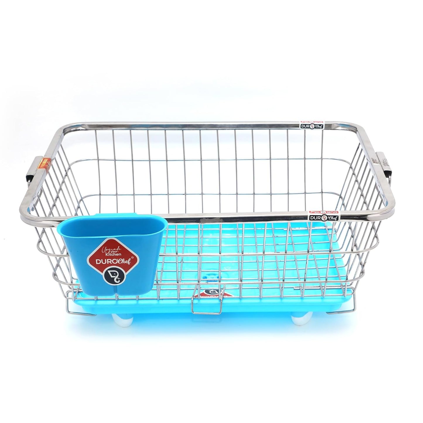 Durochef Smart Sink Stainless Steel Dish Drying Rack with Drainboard, Wire Basket Design, Blue Tray, Kitchen Counter