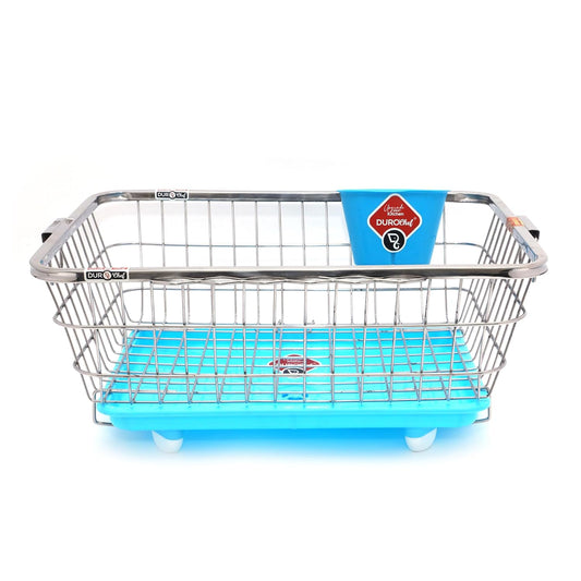 Durochef Smart Sink Stainless Steel Dish Drying Rack with Drainboard, Wire Basket Design, Blue Tray, Kitchen Counter